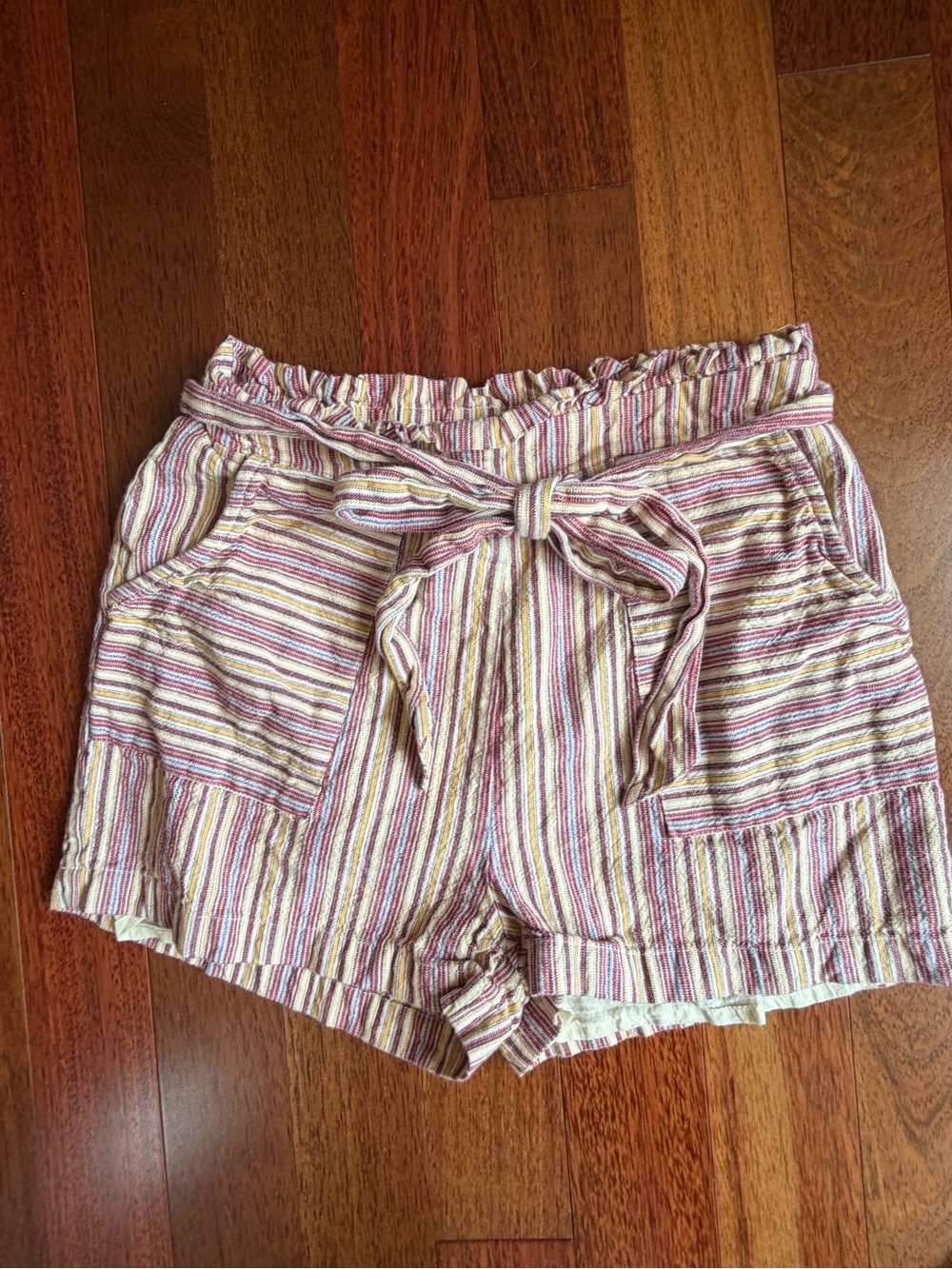 miami High-Waist Striped Tie-Belt Shorts in Pink, Cream & Tan